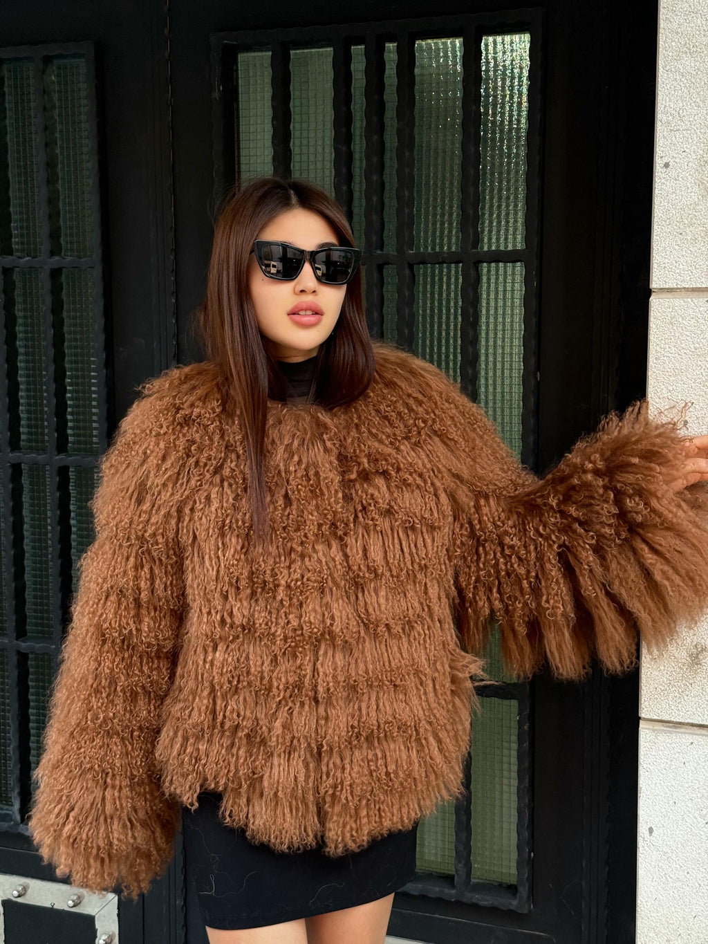 Brown Women Luxury Sheepskin Tibetan Fur Coat | Handmade Winter Fluffy Lamb Fur Outerwear | Full Skin Shaggy Mongolian Tibetan Fur Coat