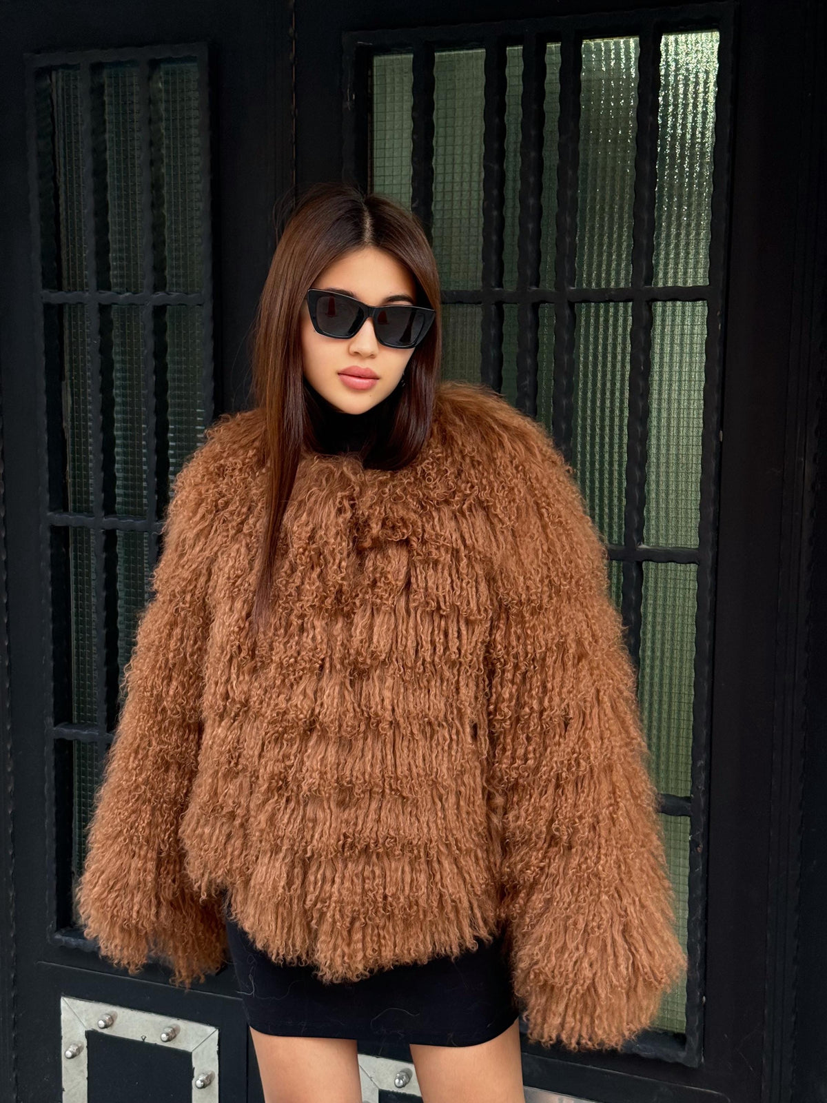 Brown Women Luxury Sheepskin Tibetan Fur Coat | Handmade Winter Fluffy Lamb Fur Outerwear | Full Skin Shaggy Mongolian Tibetan Fur Coat