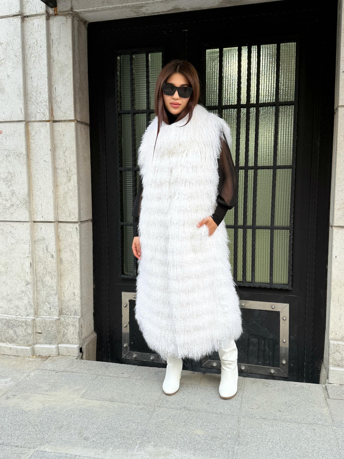 Long White Tibetan Lamb Fur Vest – Genuine Shearling Sleeveless Coat, Handmade Women’s Luxury Mongolian Tibetan Fur Outerwear | Gift For Her