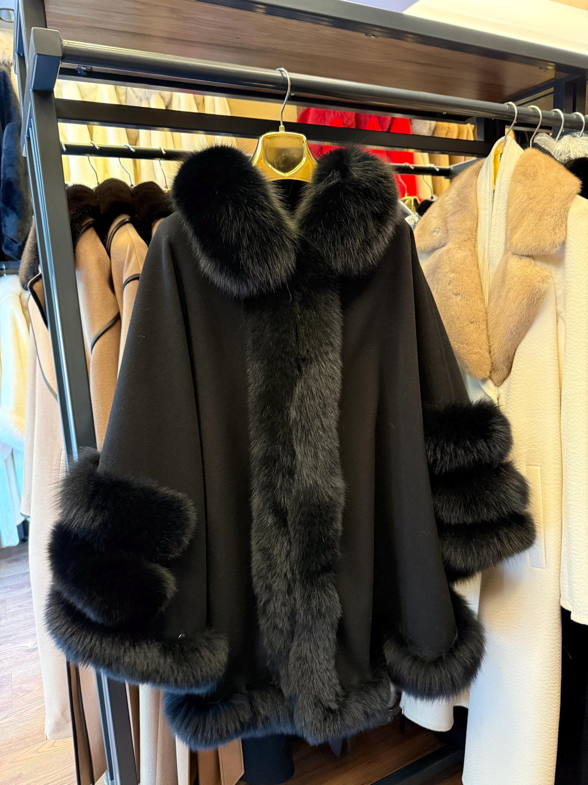 Luxury Black Cashmere Wool Cape With Fox Fur Trim, Handmade Women Plus Size Fur Trim Shawl