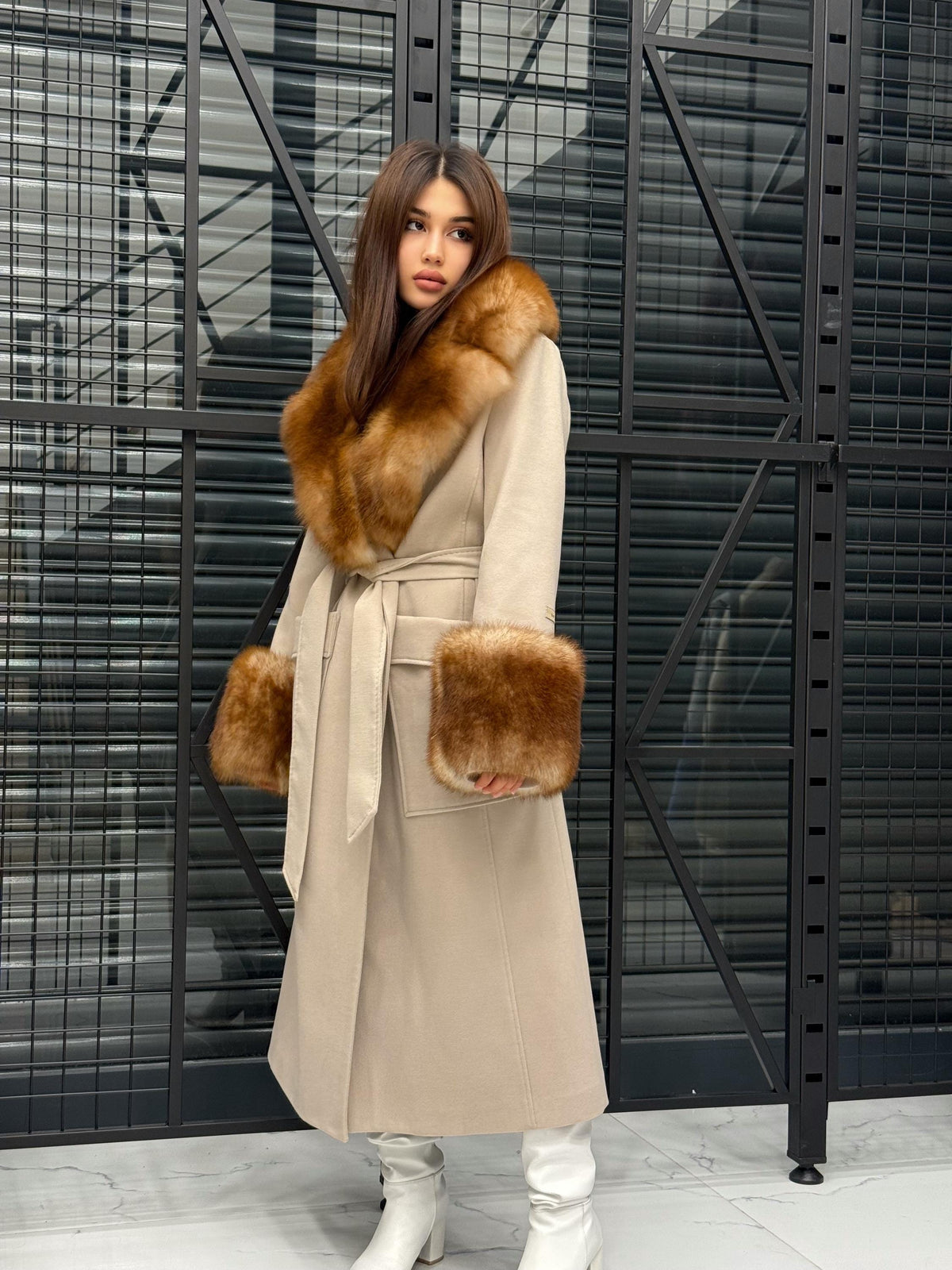 Beige Long Cashmere Blend Fox Fur Coat. Women’s Collar & Cuffs - Huge Fox Fur Jacket
