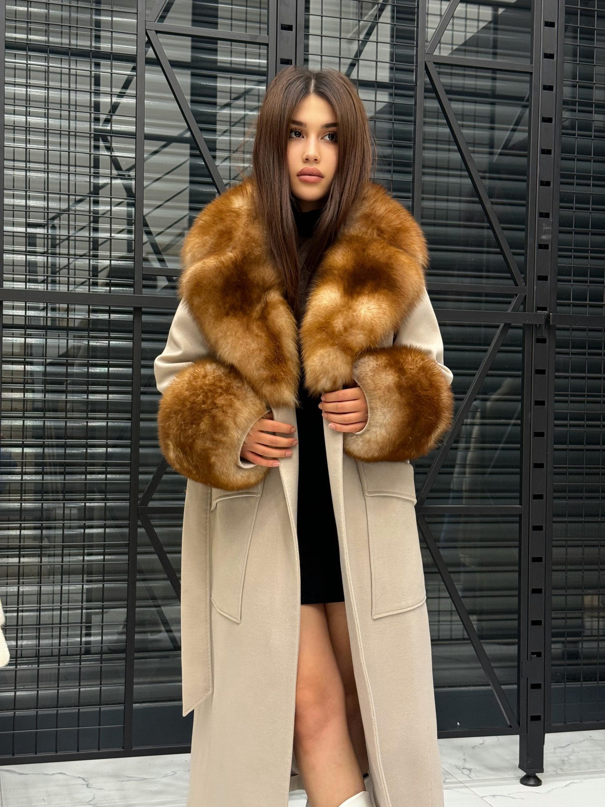 Beige Long Cashmere Blend Fox Fur Coat. Women’s Collar & Cuffs - Huge Fox Fur Jacket