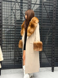 Beige Long Cashmere Blend Fox Fur Coat. Women’s Collar & Cuffs - Huge Fox Fur Jacket