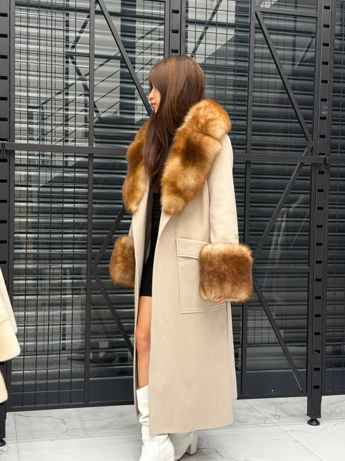 Beige Long Cashmere Blend Fox Fur Coat. Women’s Collar & Cuffs - Huge Fox Fur Jacket