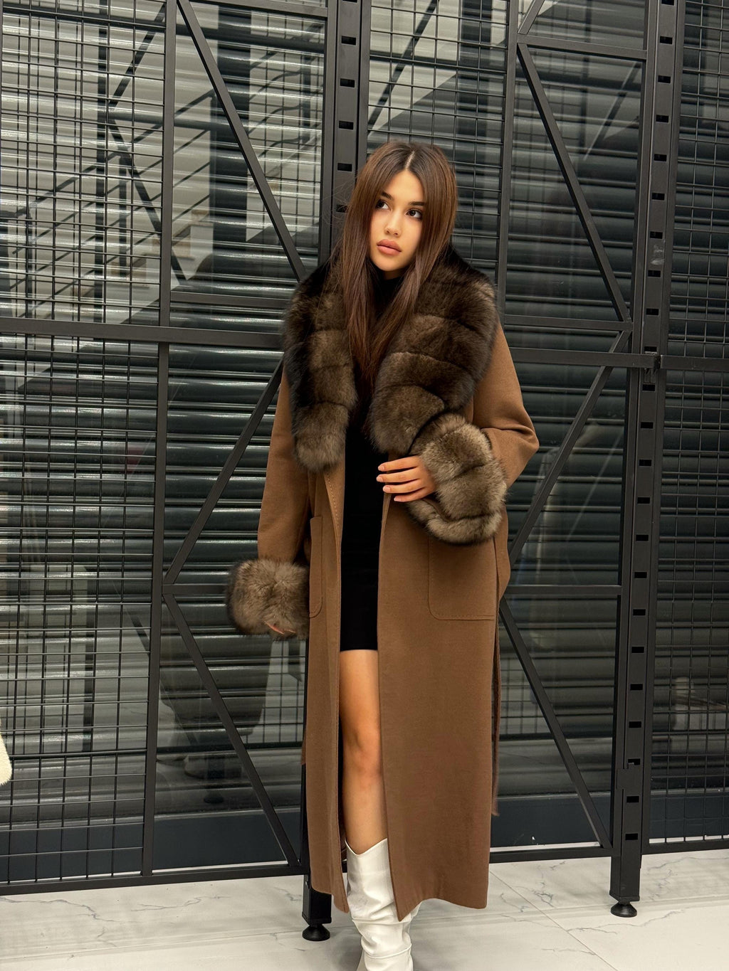 Brown Long Cashmere Collar&Cuffs Fox Fur Coat, Women Fox Fur Jacket - Sable Brown Fox Fur Jacket