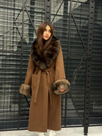 Brown Long Cashmere Collar&Cuffs Fox Fur Coat, Women Fox Fur Jacket - Sable Brown Fox Fur Jacket