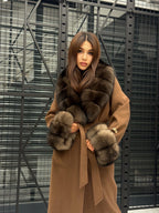 Brown Long Cashmere Collar&Cuffs Fox Fur Coat, Women Fox Fur Jacket - Sable Brown Fox Fur Jacket