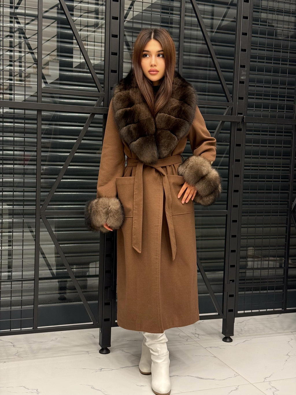 Brown Long Cashmere Collar&Cuffs Fox Fur Coat, Women Fox Fur Jacket - Sable Brown Fox Fur Jacket