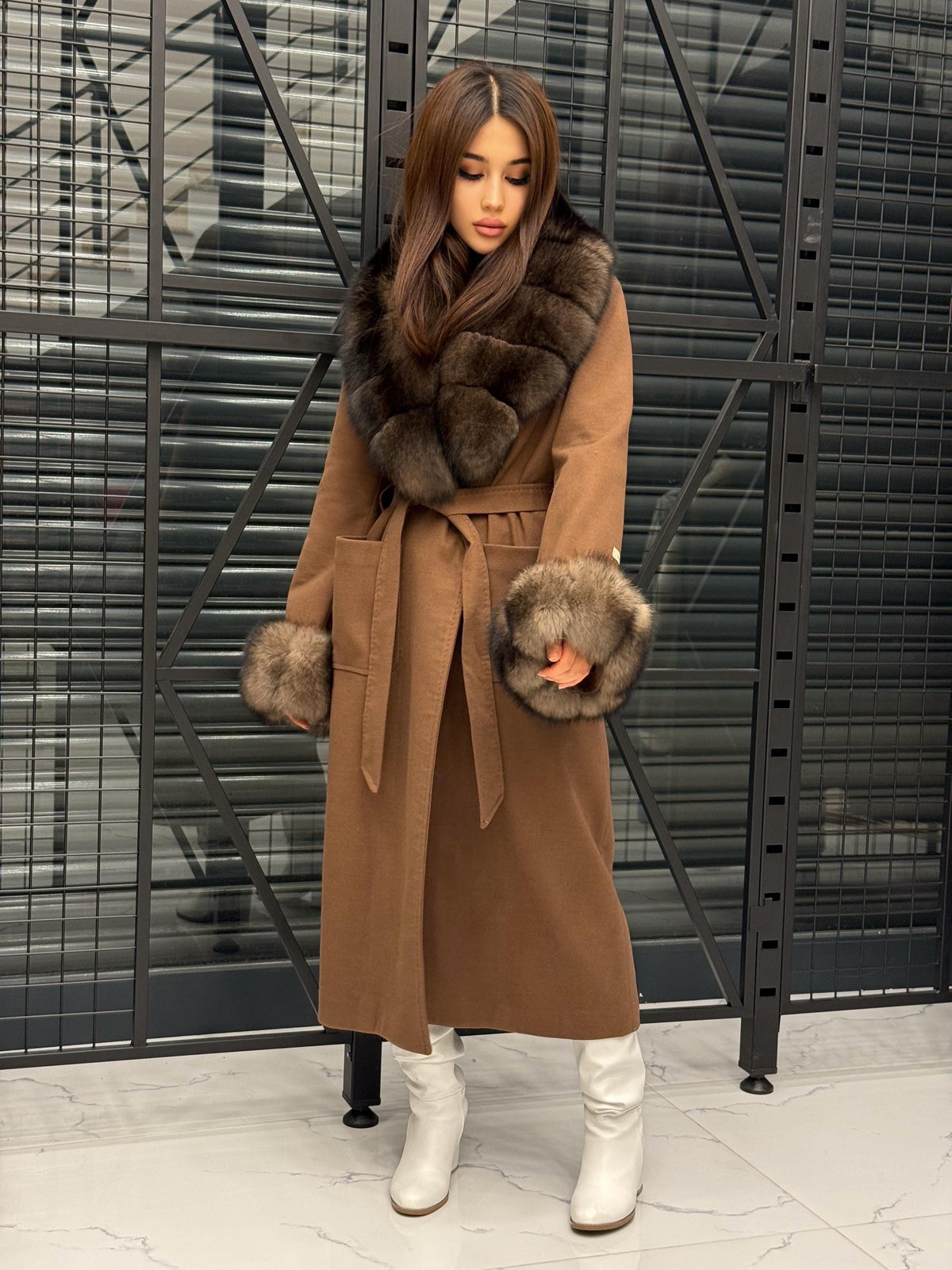 Brown Long Cashmere Collar&Cuffs Fox Fur Coat, Women Fox Fur Jacket - Sable Brown Fox Fur Jacket