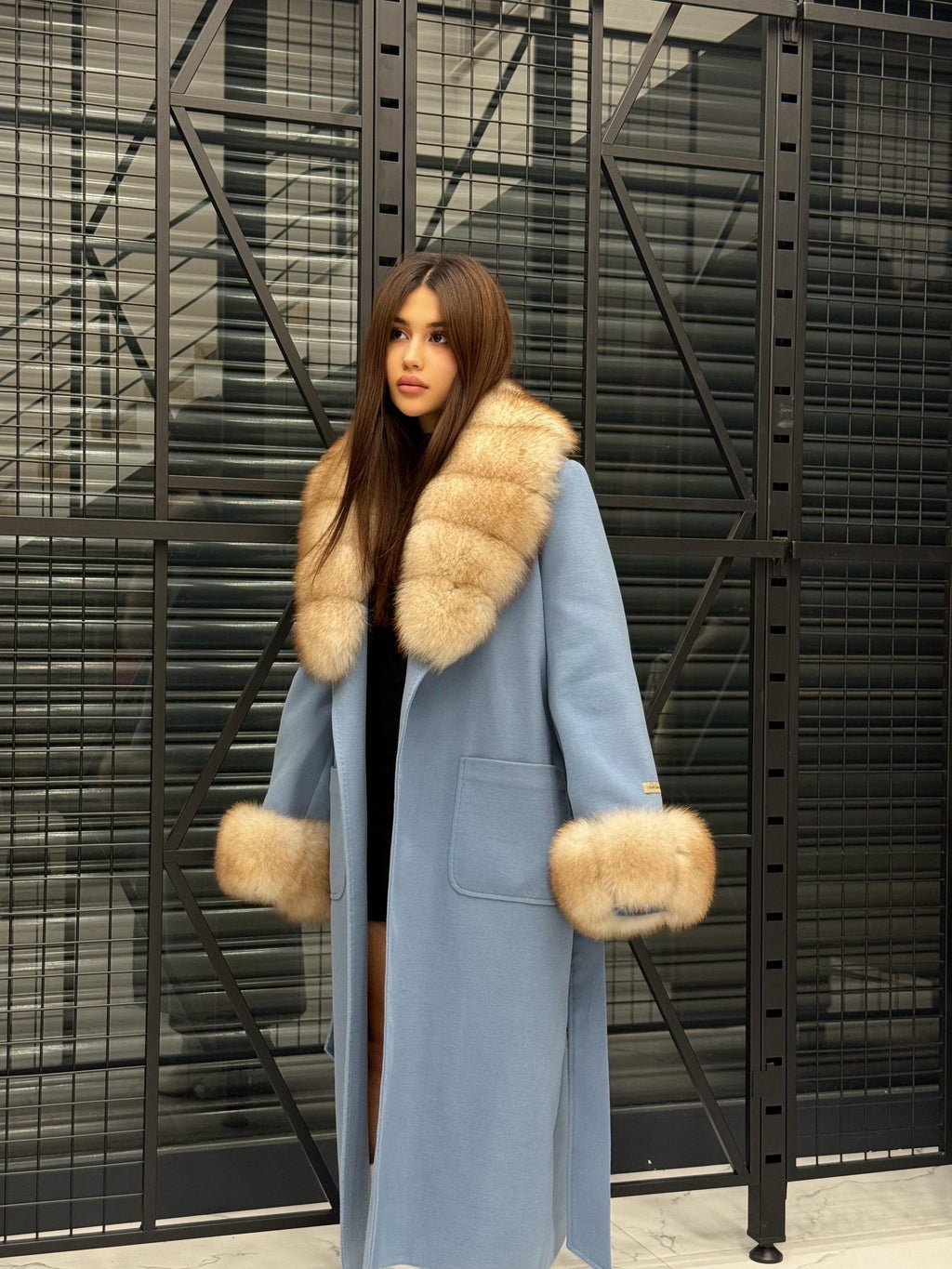 Sky Blue Luxury Cashmere Coat With Fox Fur Trim | Collar Cuffs Fox Fur Coat | Plus Size Long Belted Wool Coat For Women, Fox Fur Coat