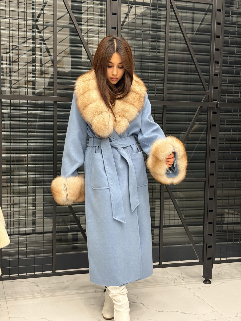 Sky Blue Luxury Cashmere Coat With Fox Fur Trim | Collar Cuffs Fox Fur Coat | Plus Size Long Belted Wool Coat For Women, Fox Fur Coat