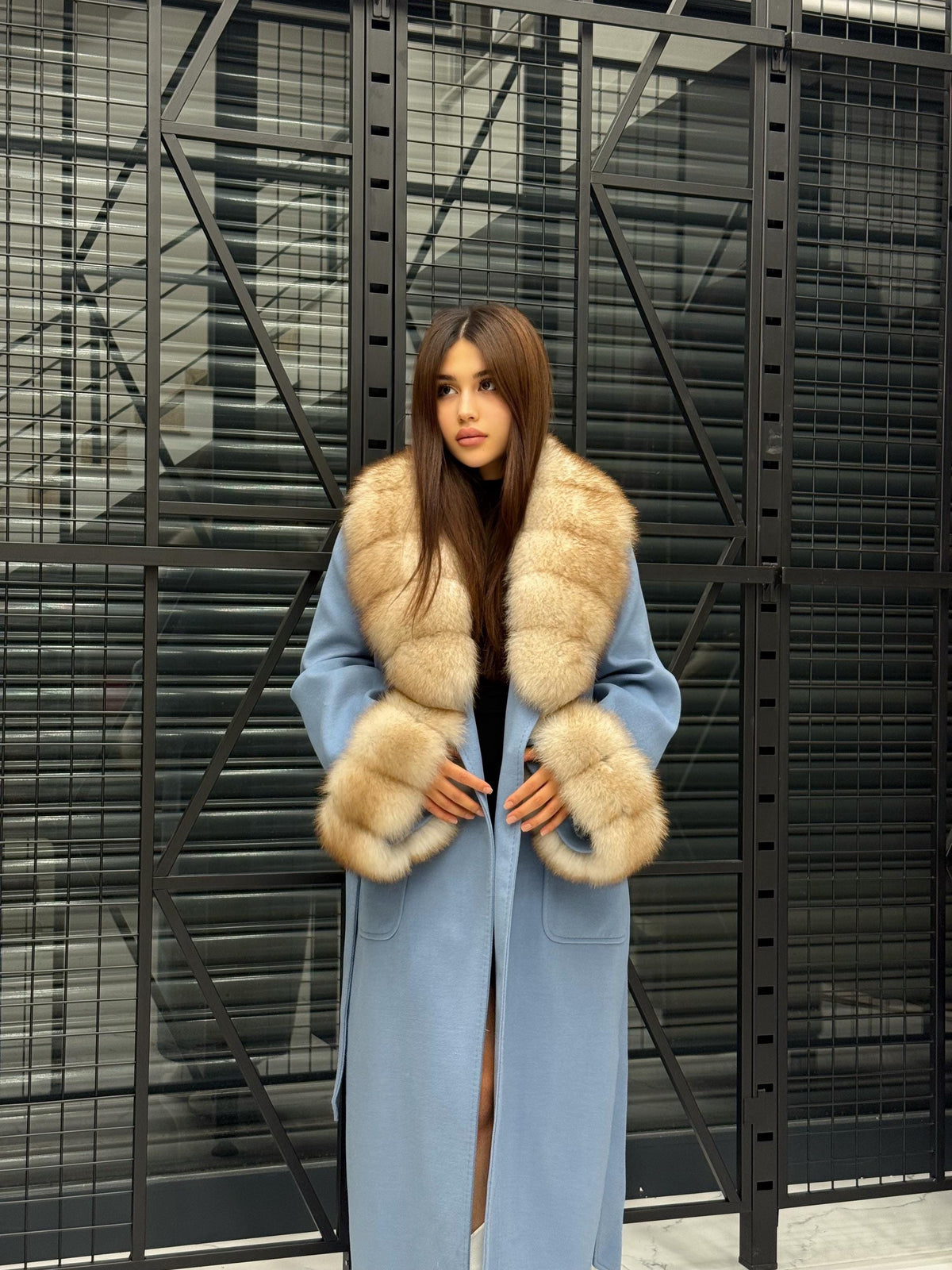 Sky Blue Luxury Cashmere Coat With Fox Fur Trim | Collar Cuffs Fox Fur Coat | Plus Size Long Belted Wool Coat For Women, Fox Fur Coat