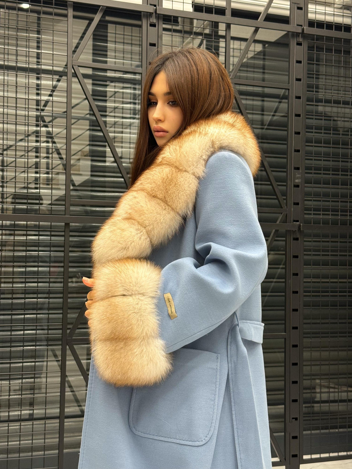 Sky Blue Luxury Cashmere Coat With Fox Fur Trim | Collar Cuffs Fox Fur Coat | Plus Size Long Belted Wool Coat For Women, Fox Fur Coat