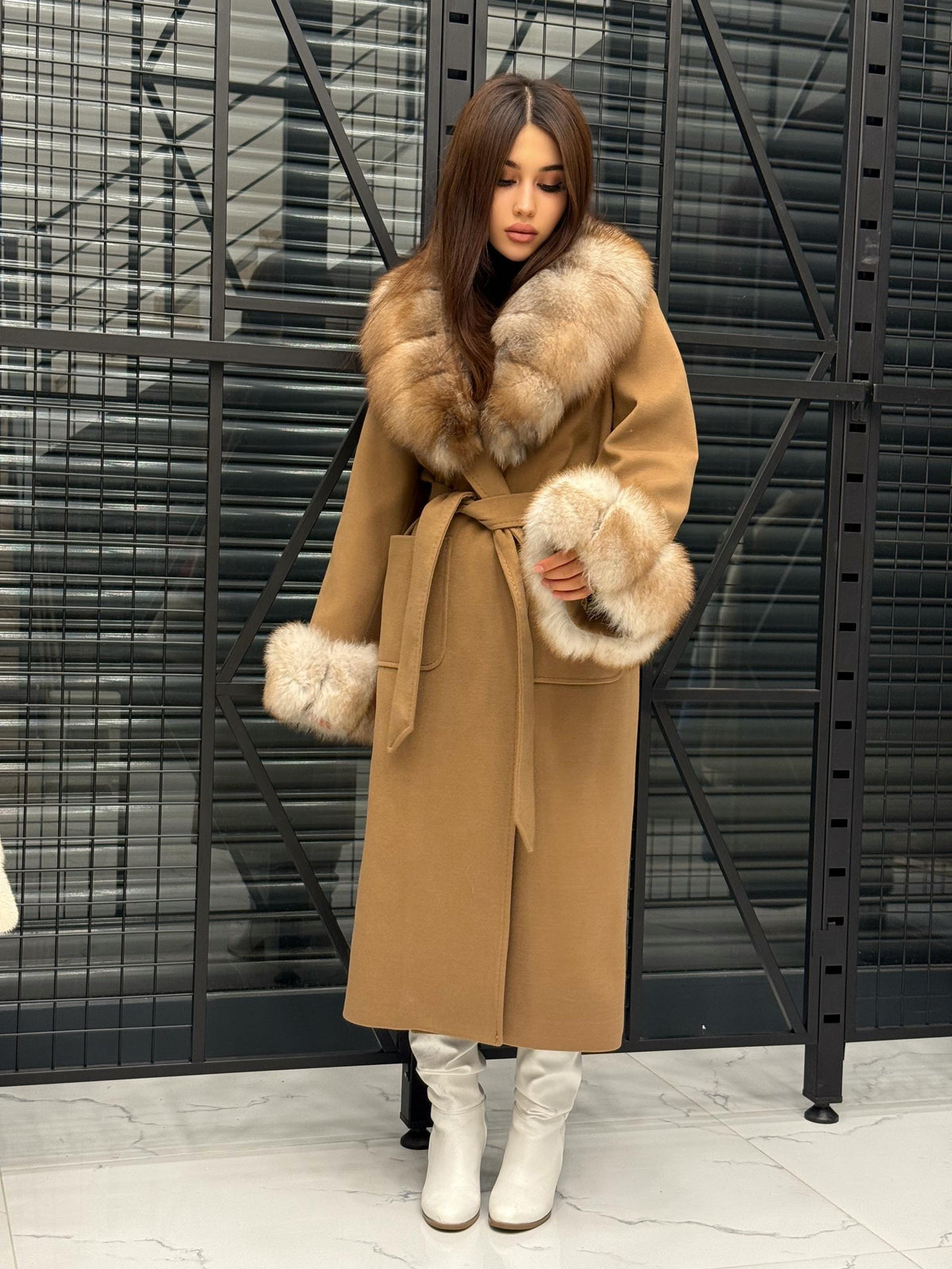 Camel Long Cashmere Collar&Cuffs Huge Fox Fur Coat, Women Fox Fur Jacket. - Camel Fox Fur Jacket -Fox Fur Jacket