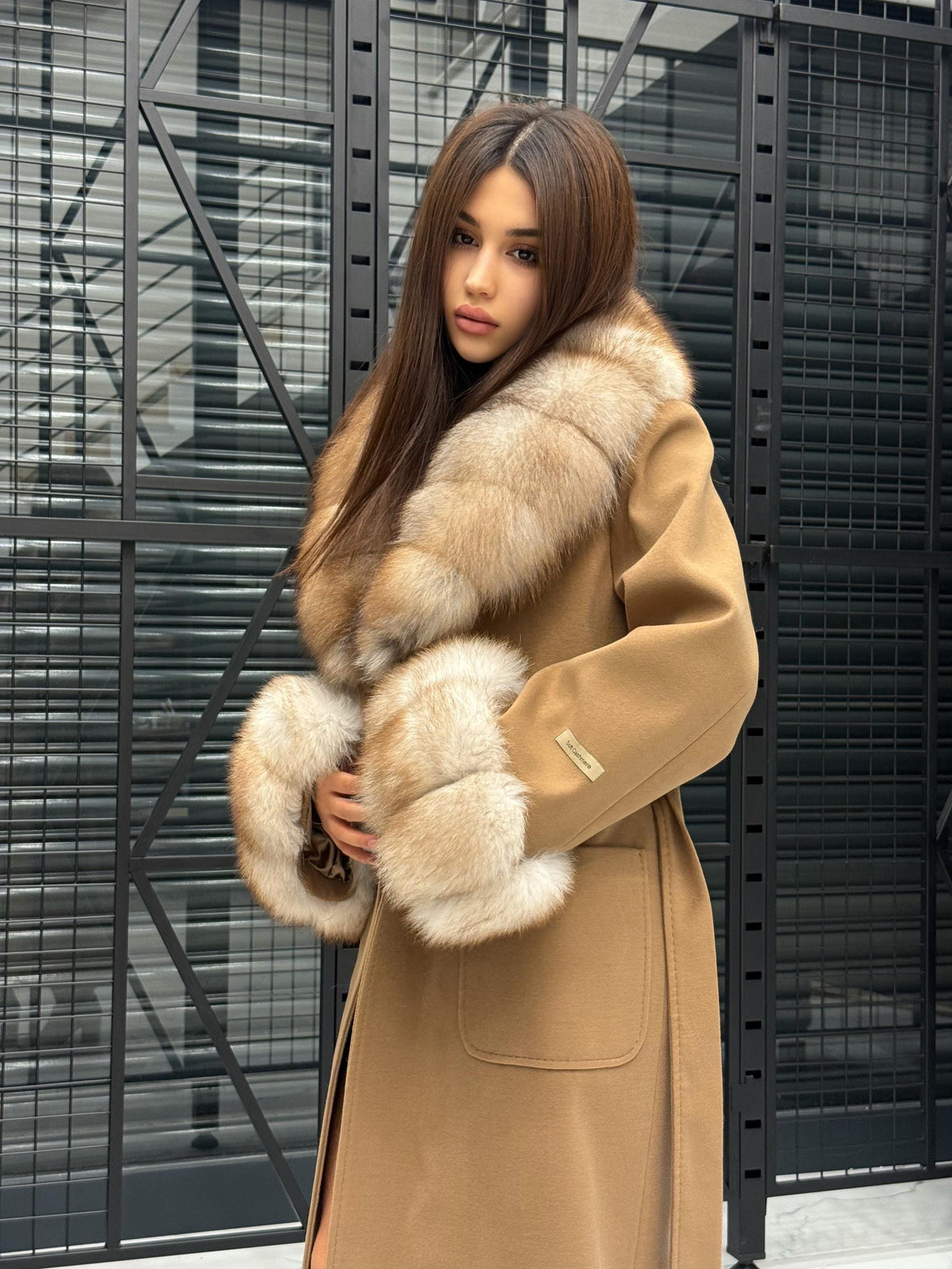 Camel Long Cashmere Collar&Cuffs Huge Fox Fur Coat, Women Fox Fur Jacket. - Camel Fox Fur Jacket -Fox Fur Jacket