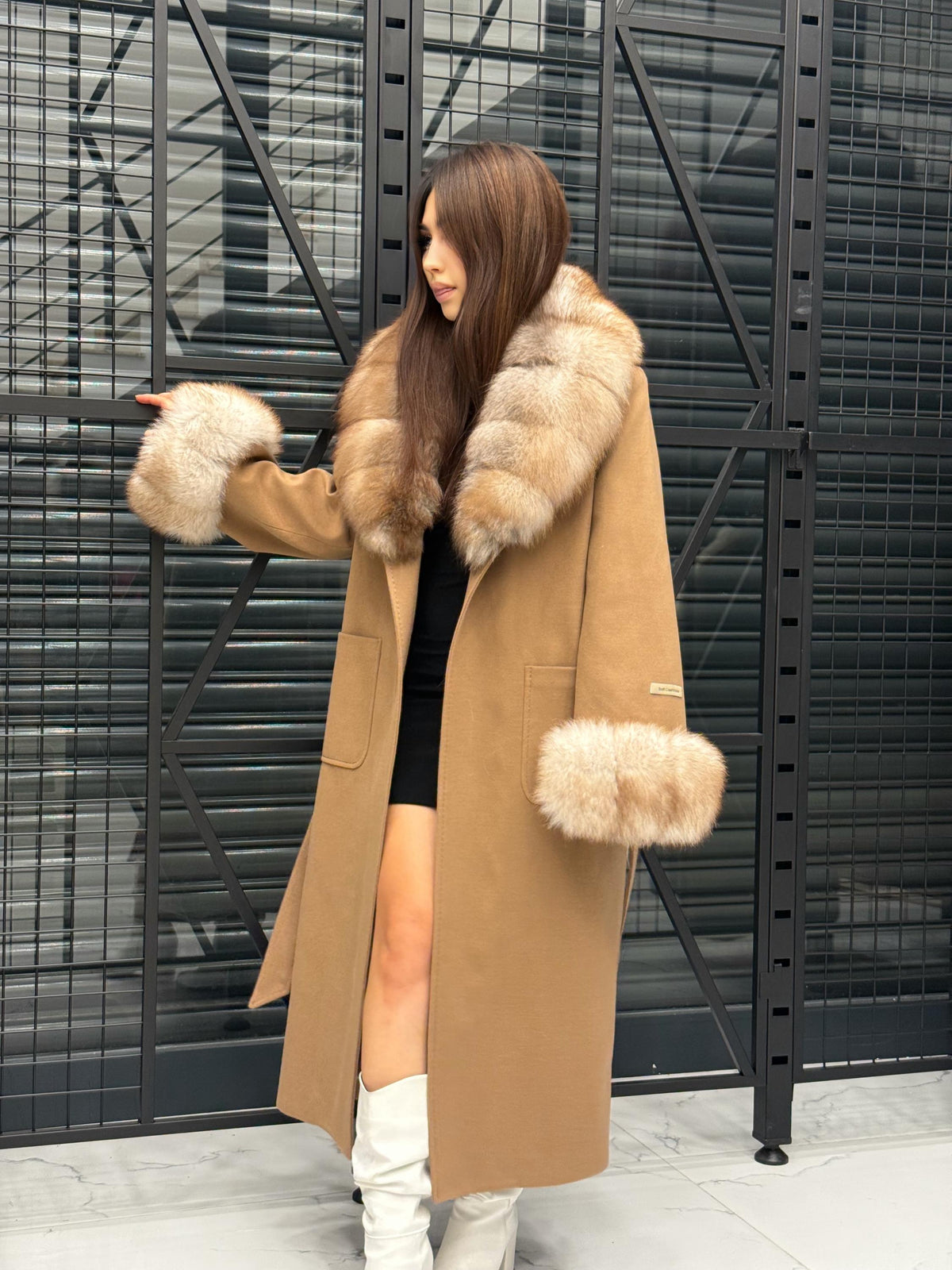 Camel Long Cashmere Collar&Cuffs Huge Fox Fur Coat, Women Fox Fur Jacket. - Camel Fox Fur Jacket -Fox Fur Jacket