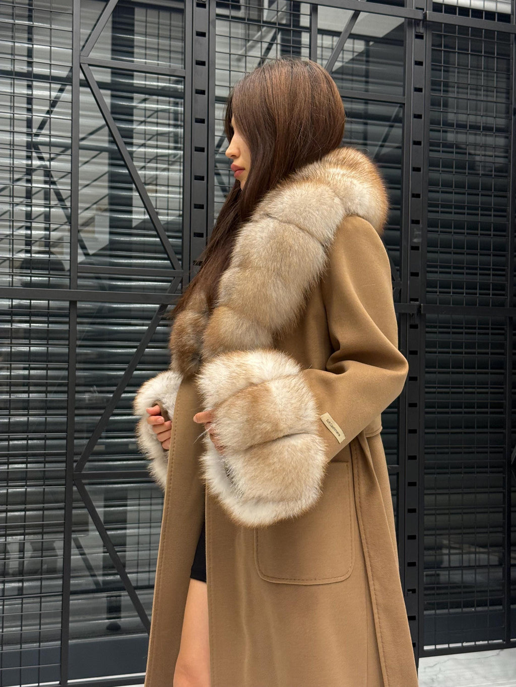 Camel Long Cashmere Collar&Cuffs Huge Fox Fur Coat, Women Fox Fur Jacket. - Camel Fox Fur Jacket -Fox Fur Jacket