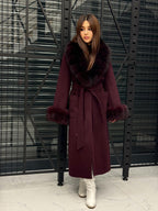 Burgundy Cashmere Collar&Cuffs Fox Fur Coat- Women Fox Fur Jacket. - Premium Burgundy Fox Fur Jacket