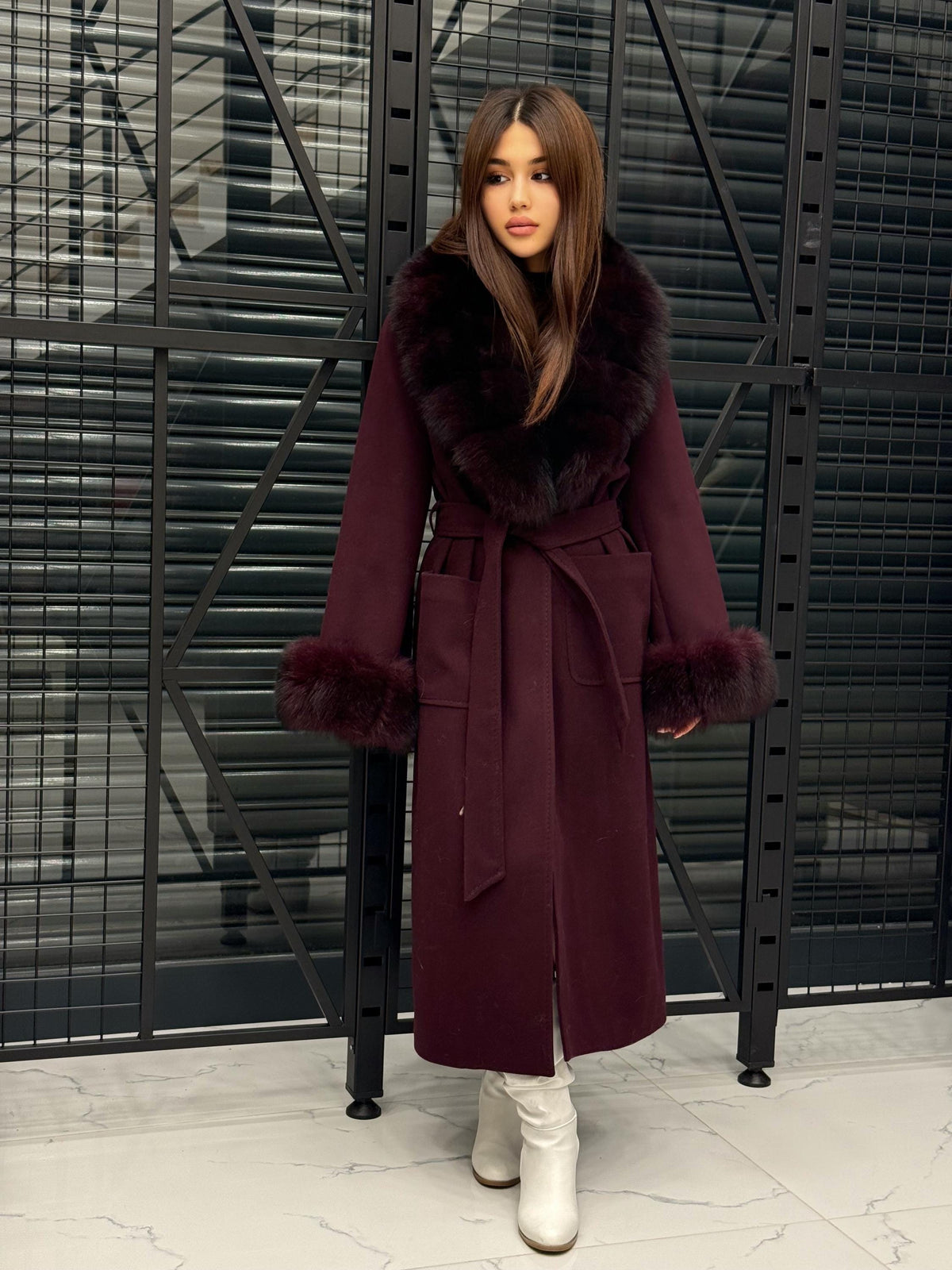 Burgundy Cashmere Collar&Cuffs Fox Fur Coat- Women Fox Fur Jacket. - Premium Burgundy Fox Fur Jacket
