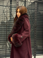 Burgundy Cashmere Collar&Cuffs Fox Fur Coat- Women Fox Fur Jacket. - Premium Burgundy Fox Fur Jacket