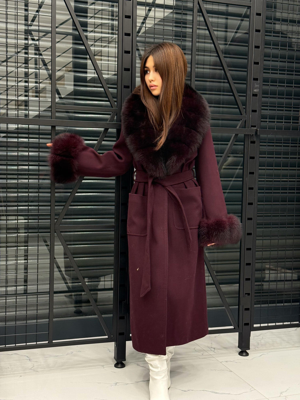Burgundy Cashmere Collar&Cuffs Fox Fur Coat- Women Fox Fur Jacket. - Premium Burgundy Fox Fur Jacket