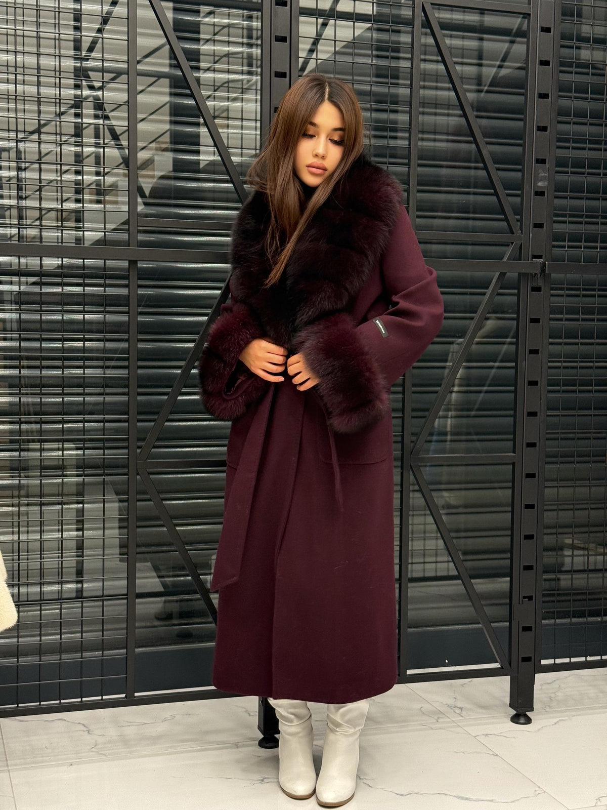 Burgundy Cashmere Collar&Cuffs Fox Fur Coat- Women Fox Fur Jacket. - Premium Burgundy Fox Fur Jacket