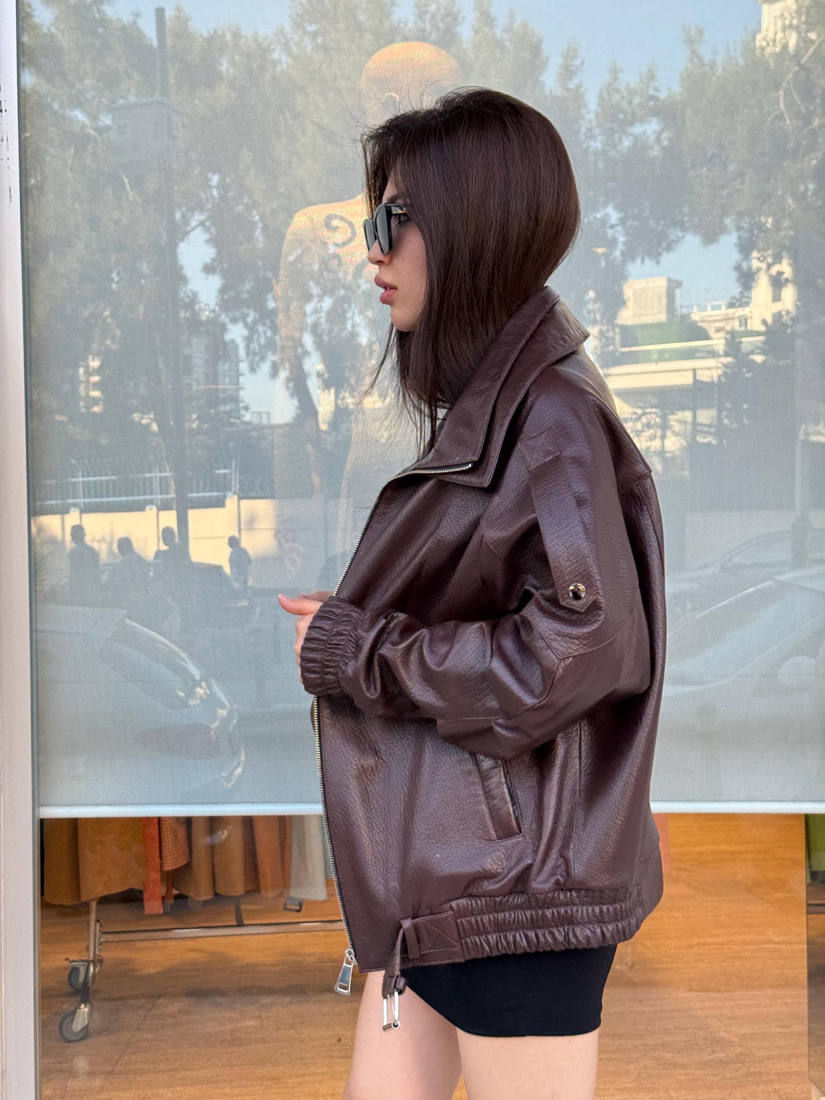 Burgundy Sheepskin Leather Bomber Jacket: Women's Oversized Coat