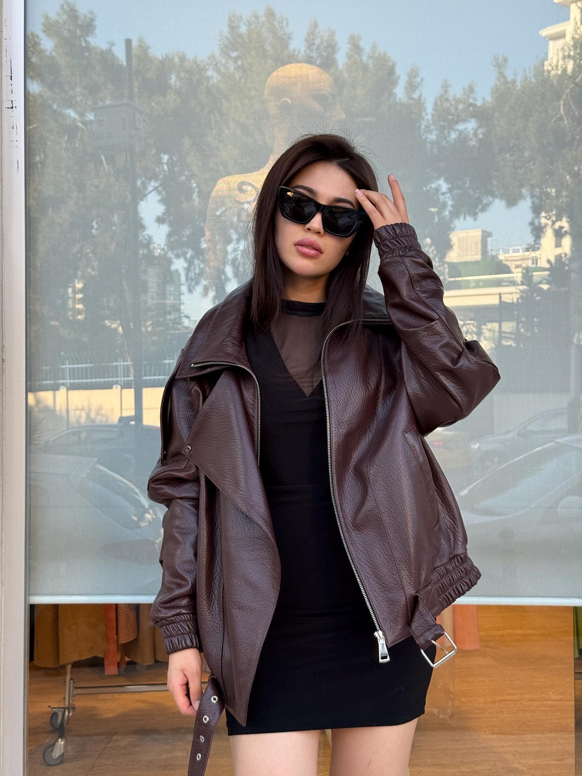Burgundy Sheepskin Leather Bomber Jacket: Women's Oversized Coat