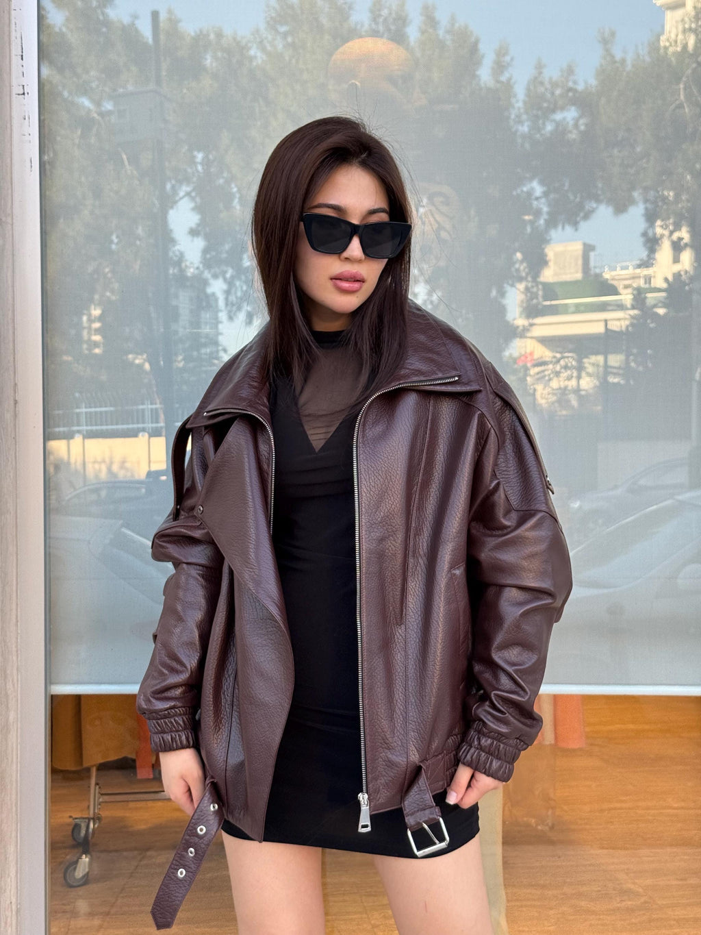 Burgundy Sheepskin Leather Bomber Jacket: Women's Oversized Coat