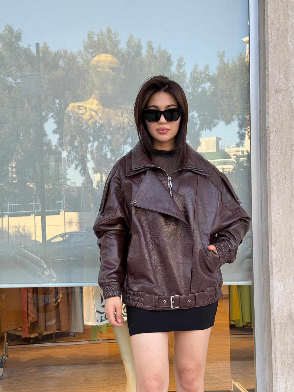 Burgundy Sheepskin Leather Bomber Jacket: Women's Oversized Coat