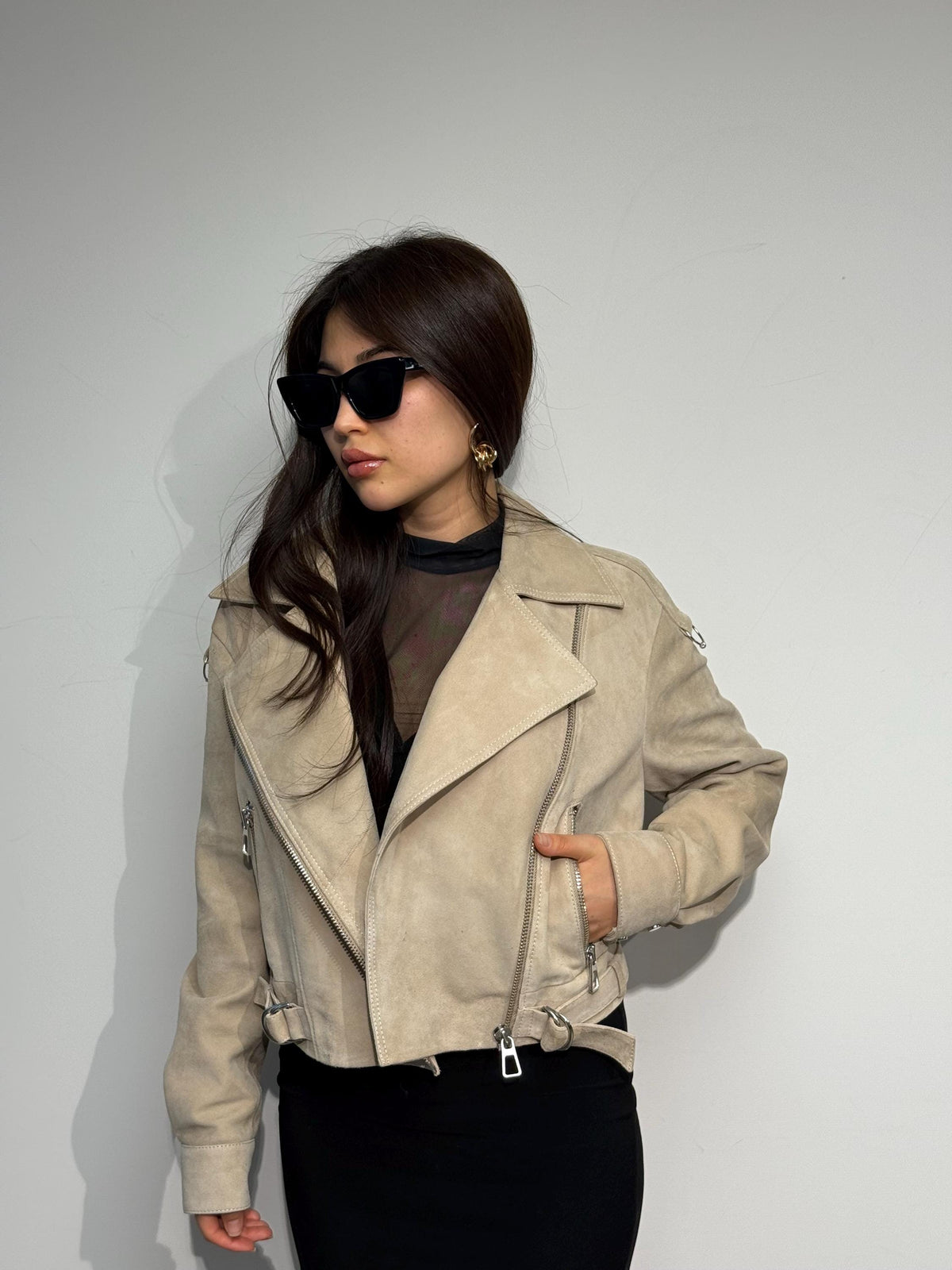 Cream Suede Leather Aviator Jacket - Handmade Oversized Biker Style