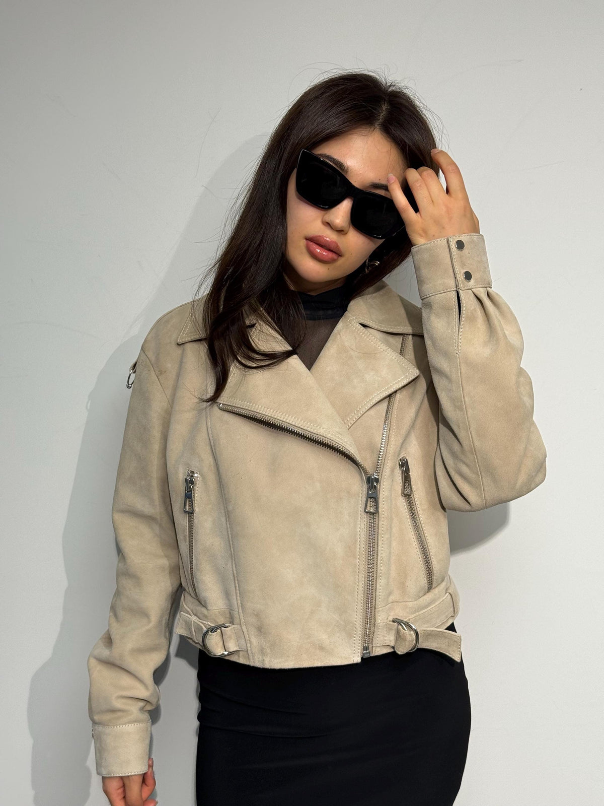 Cream Suede Leather Aviator Jacket - Handmade Oversized Biker Style