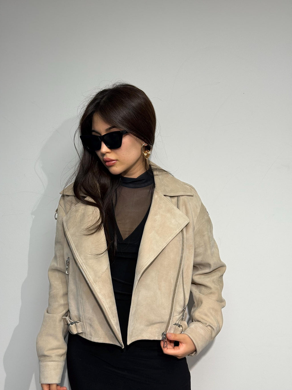 Cream Suede Leather Aviator Jacket - Handmade Oversized Biker Style