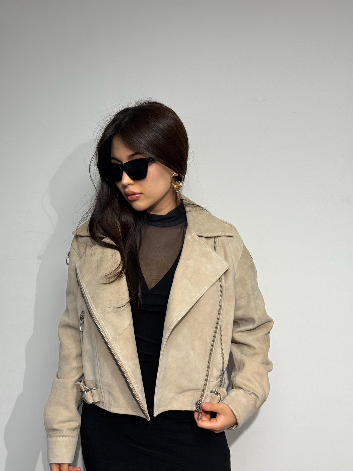Cream Suede Leather Aviator Jacket - Handmade Oversized Biker Style