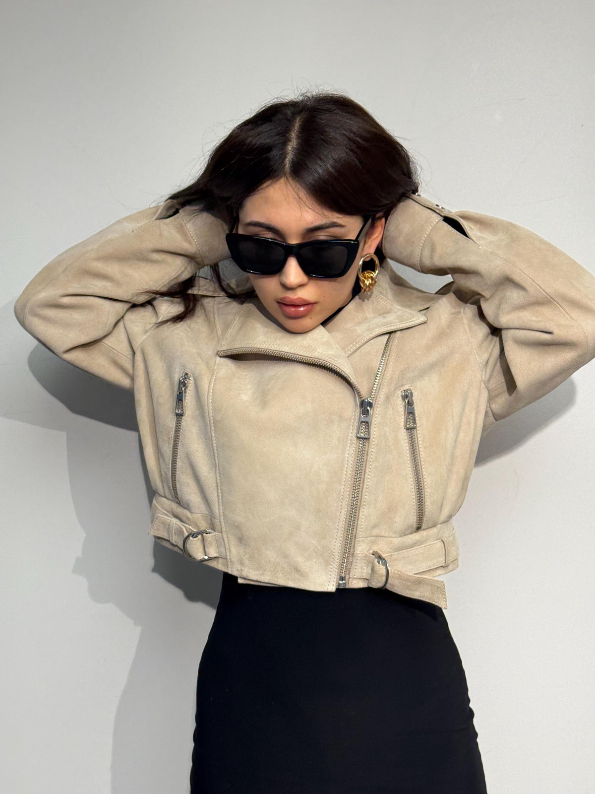 Cream Suede Leather Aviator Jacket - Handmade Oversized Biker Style