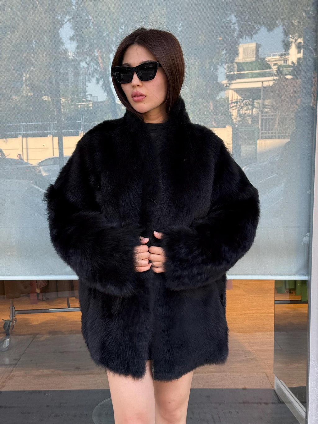 Reversible Black Shearling Coat: Handmade Winter Lamb Fur Jacket, Women Shearling Coat