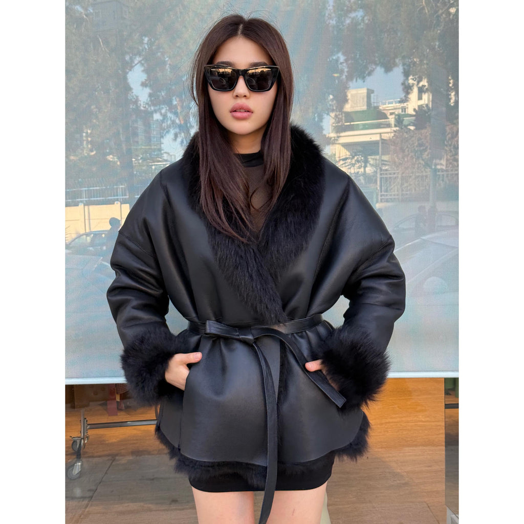 Reversible Black Shearling Coat: Handmade Winter Lamb Fur Jacket, Women Shearling Coat