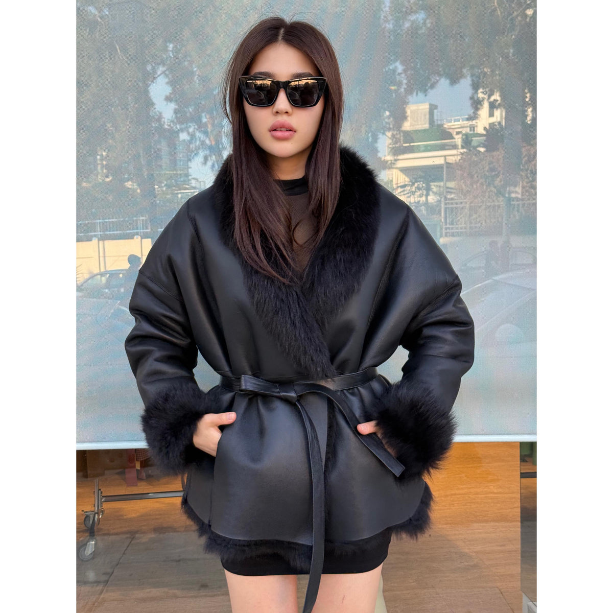 Reversible Black Shearling Coat: Handmade Winter Lamb Fur Jacket, Women Shearling Coat