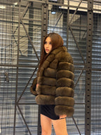 Brown Fox Fur Jacket, Limited Edition Sable Color Fur Coat For Women