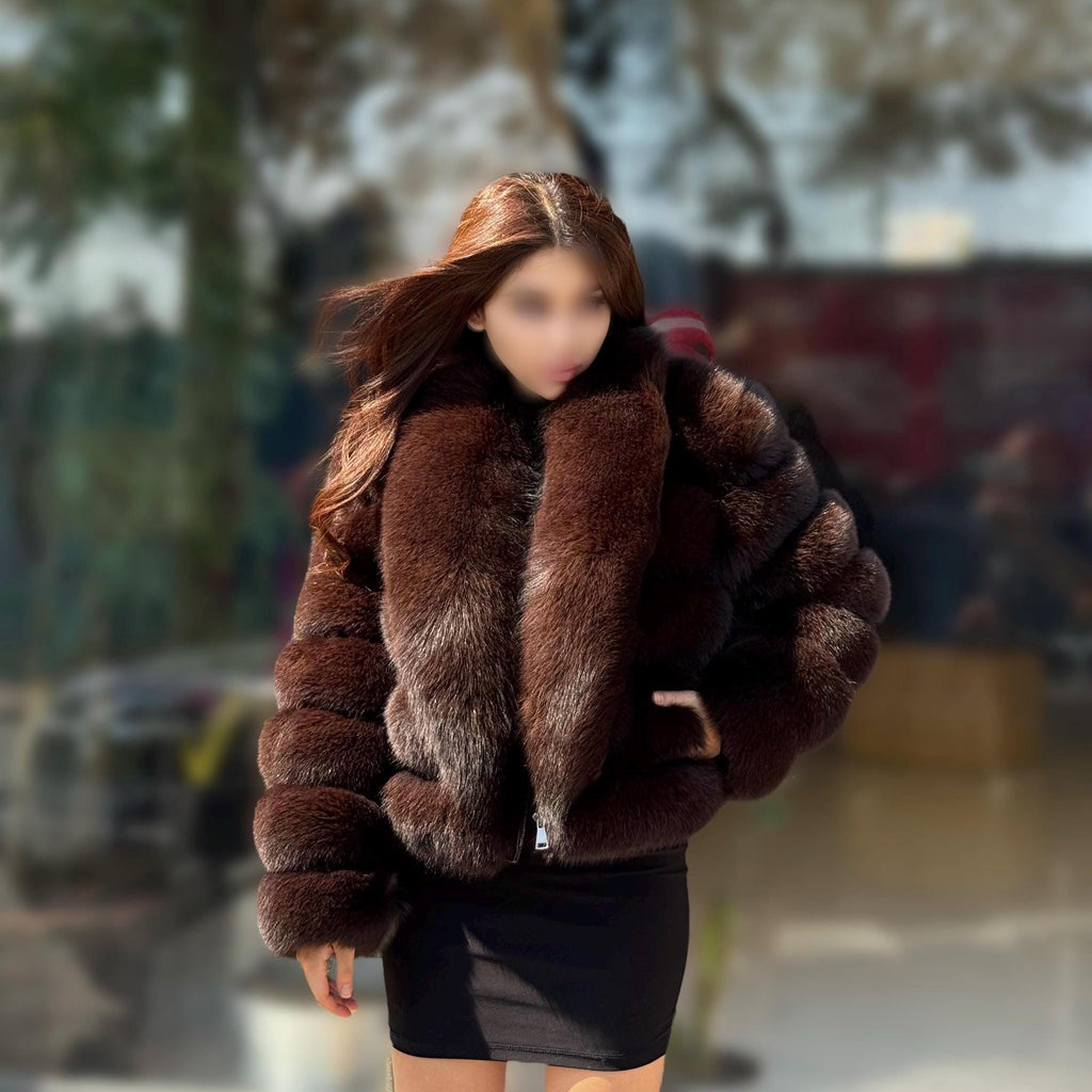 Brown Fox Fur Jacket: Short With Detachable Sleeves Fur Coat For Women