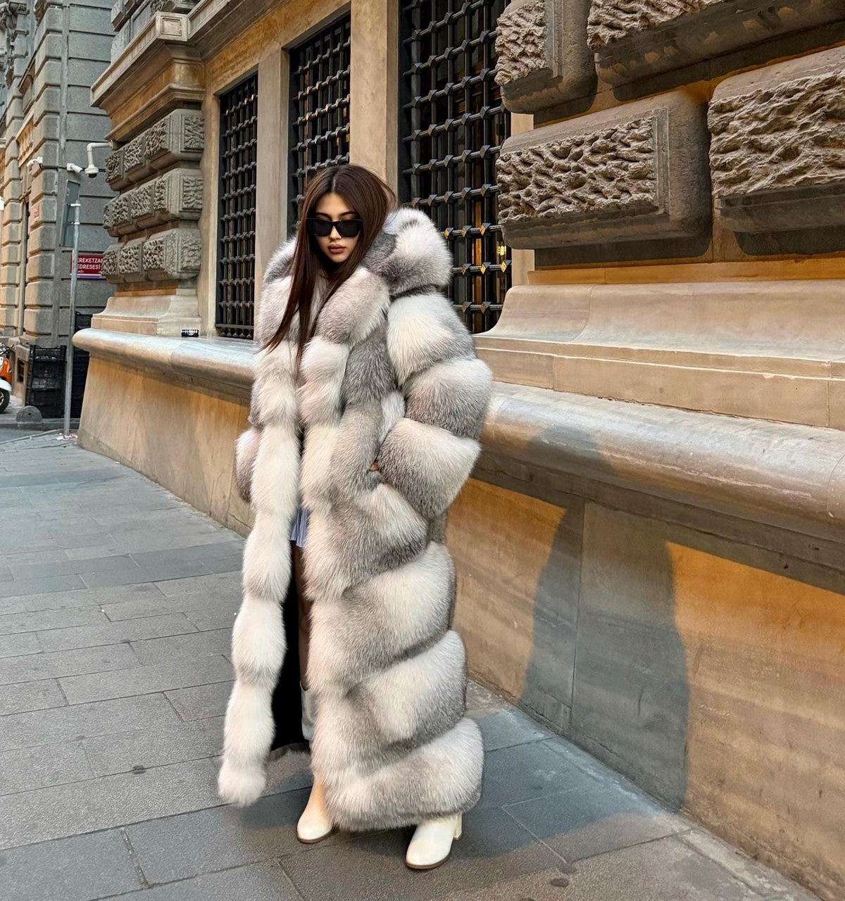 Handmade White Shadow Frost Fox Fur Coat: Luxury Long Hooded Winter Jacket For Women