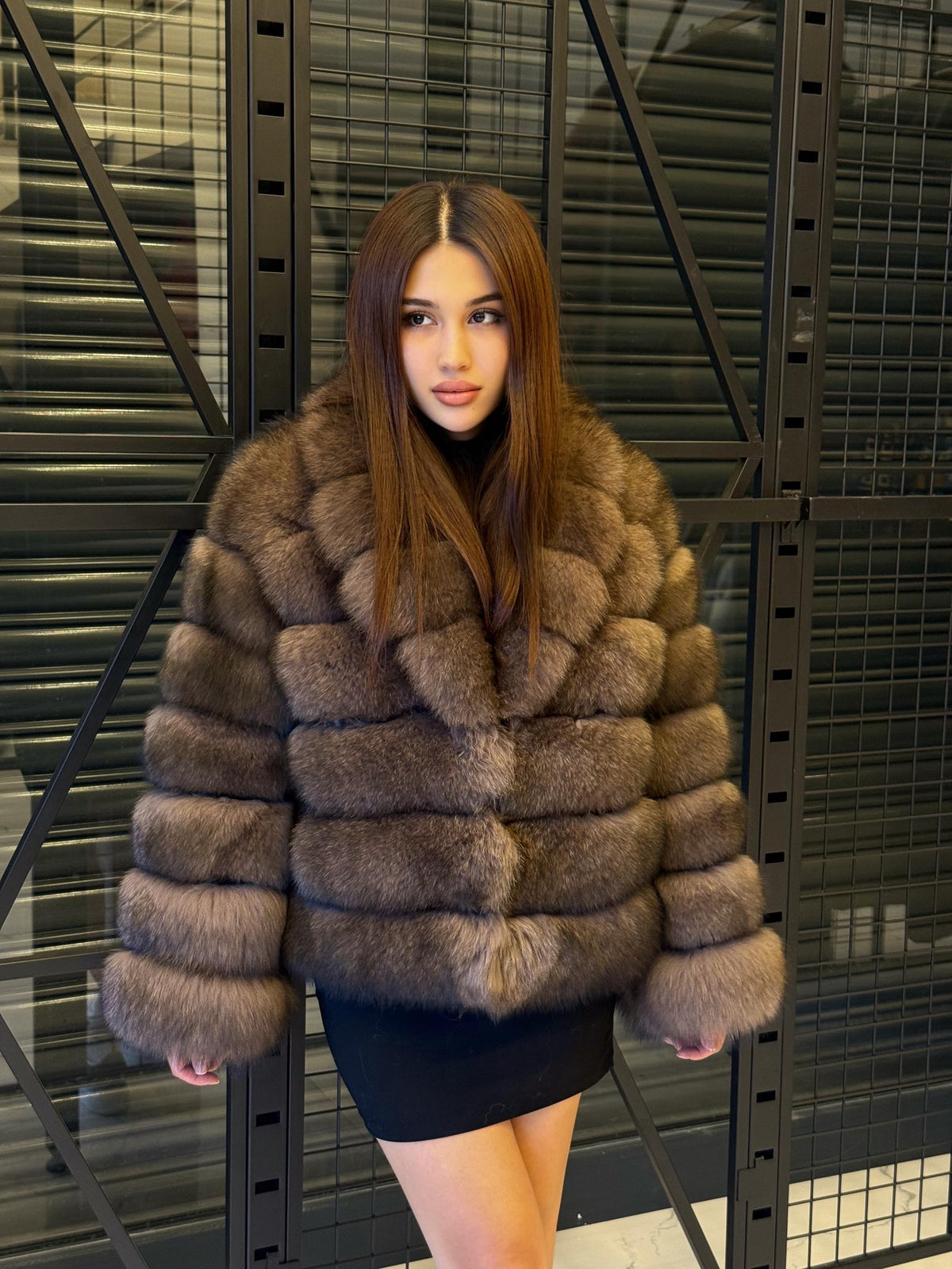 Brown Fox Fur Short Jacket: Handmade Luxury Sable Color Winter Coat