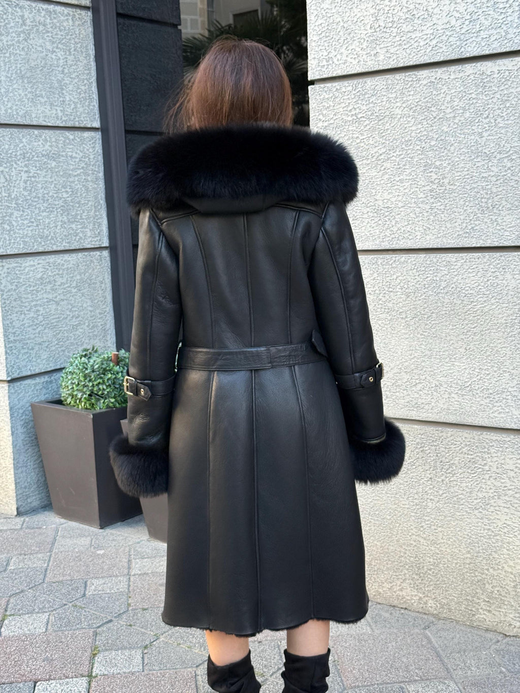 Black Long Shearling Coat, Women’s Lambskin Hood Cuffs - Fox Fur Jacket
