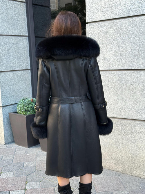 Black Long Shearling Coat, Women’s Lambskin Hood Cuffs - Fox Fur Jacket