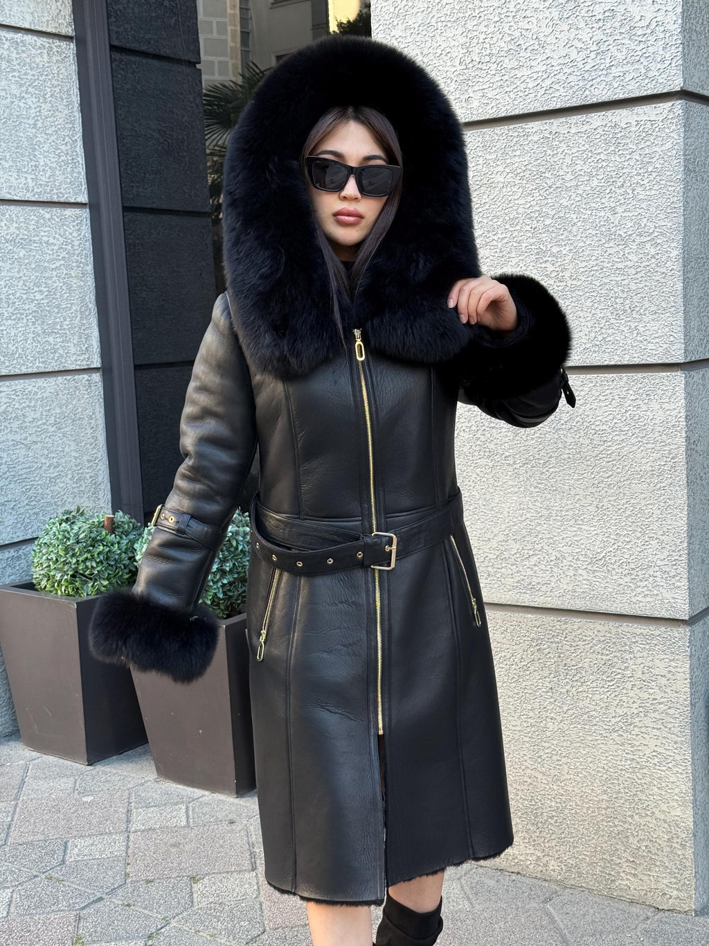 Black Long Shearling Coat, Women’s Lambskin Hood Cuffs - Fox Fur Jacket