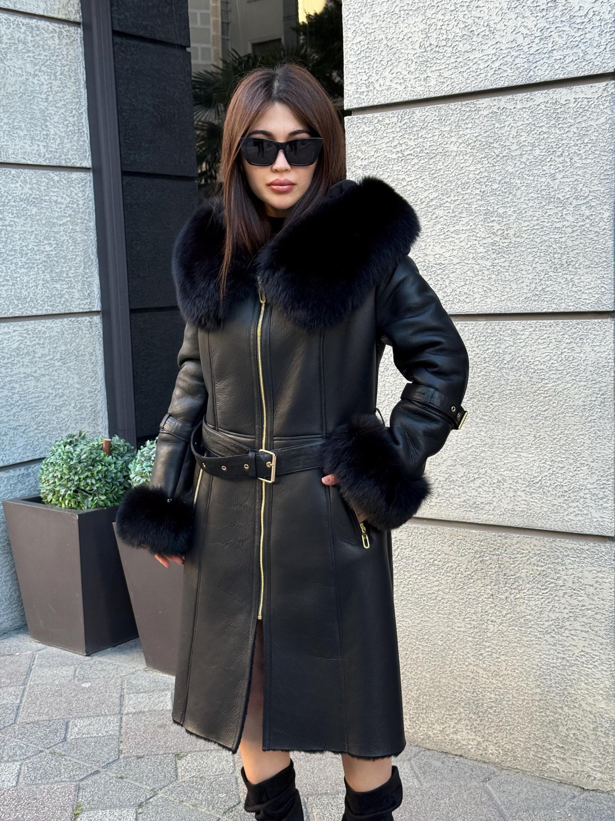 Black Long Shearling Coat, Women’s Lambskin Hood Cuffs - Fox Fur Jacket