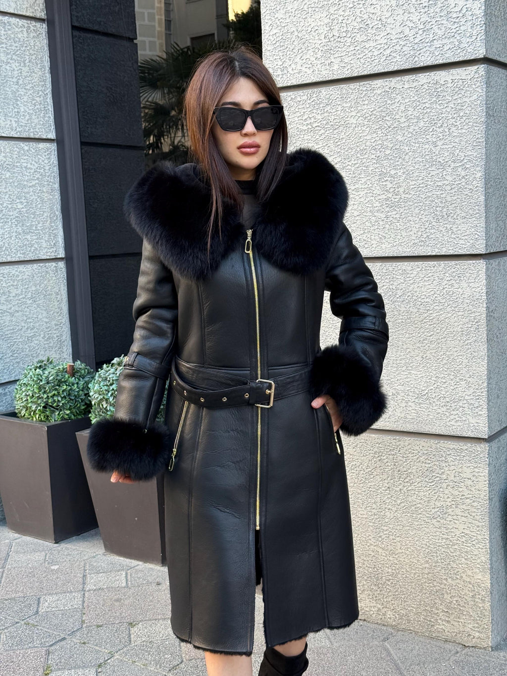 Black Long Shearling Coat, Women’s Lambskin Hood Cuffs - Fox Fur Jacket