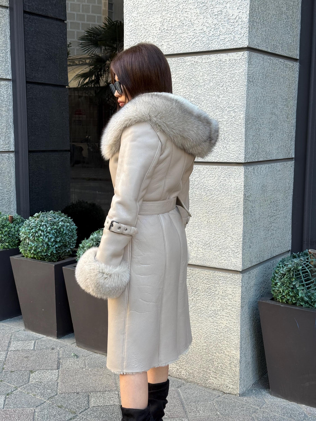Beige Long Shearling Coat, Women’s Handmade Lamb Hood Cuffs - Fox Fur Jacket