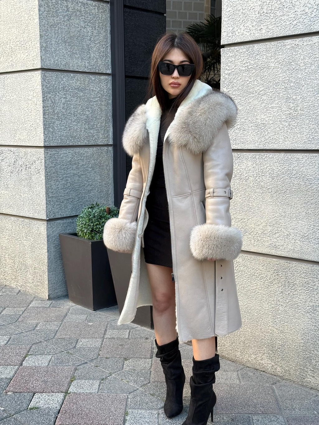 Beige Long Shearling Coat, Women’s Handmade Lamb Hood Cuffs - Fox Fur Jacket