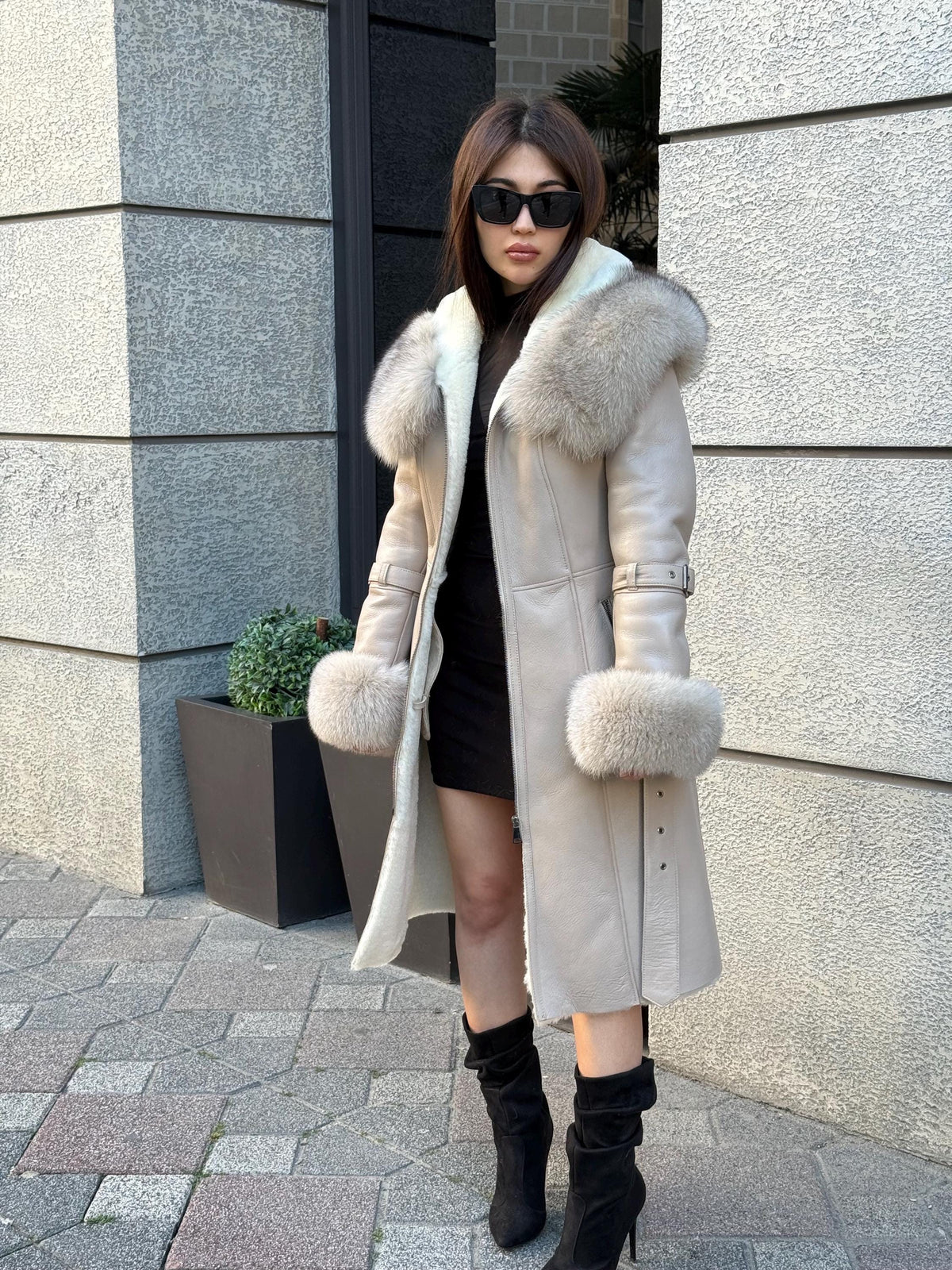 Beige Long Shearling Coat, Women’s Handmade Lamb Hood Cuffs - Fox Fur Jacket